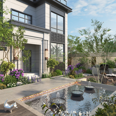  现代别墅庭院 庭院花园su模型 