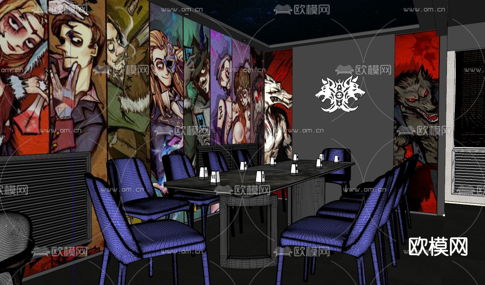 暗黑风剧本杀 桌游室su模型下载（渲染图2）