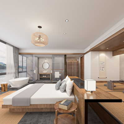  新中式民宿客房su模型 