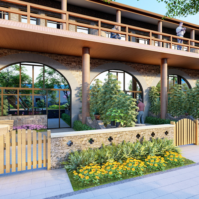  乡村民宿庭院su模型 