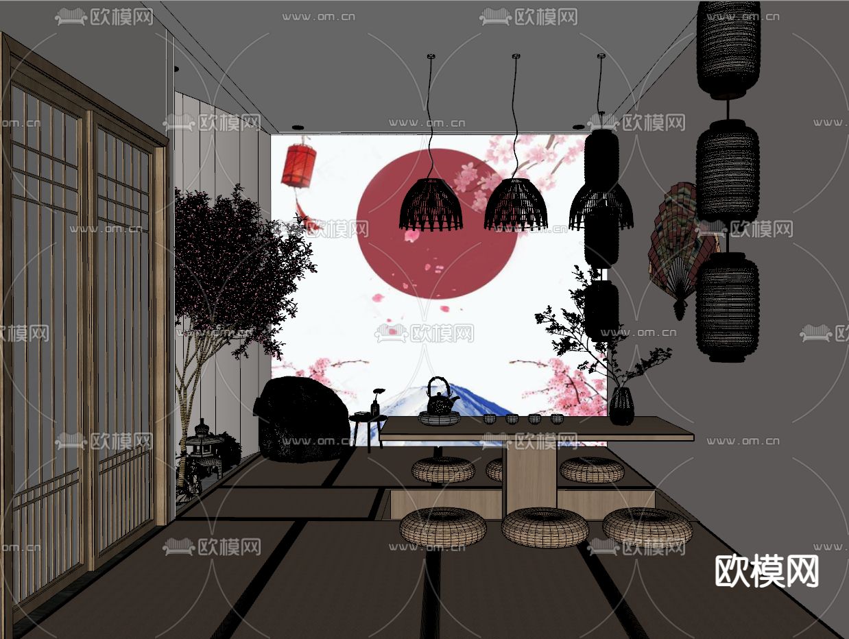 日式剧本杀 桌游室su模型下载（渲染图2）