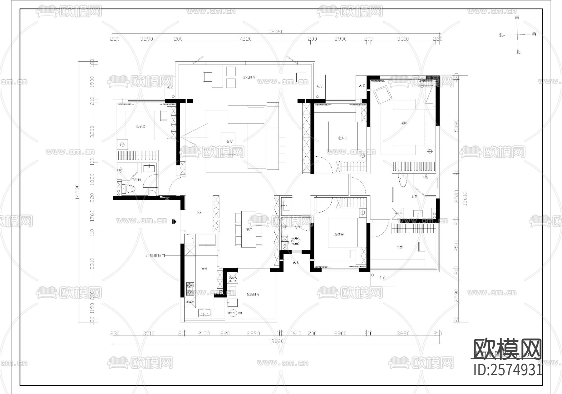 190平现代家装CAD施工图下载（渲染图1）