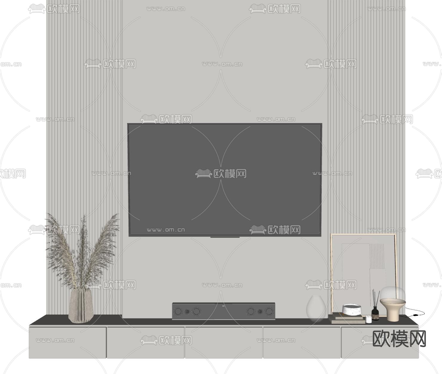 奶油电视背景su模型下载（渲染图2）