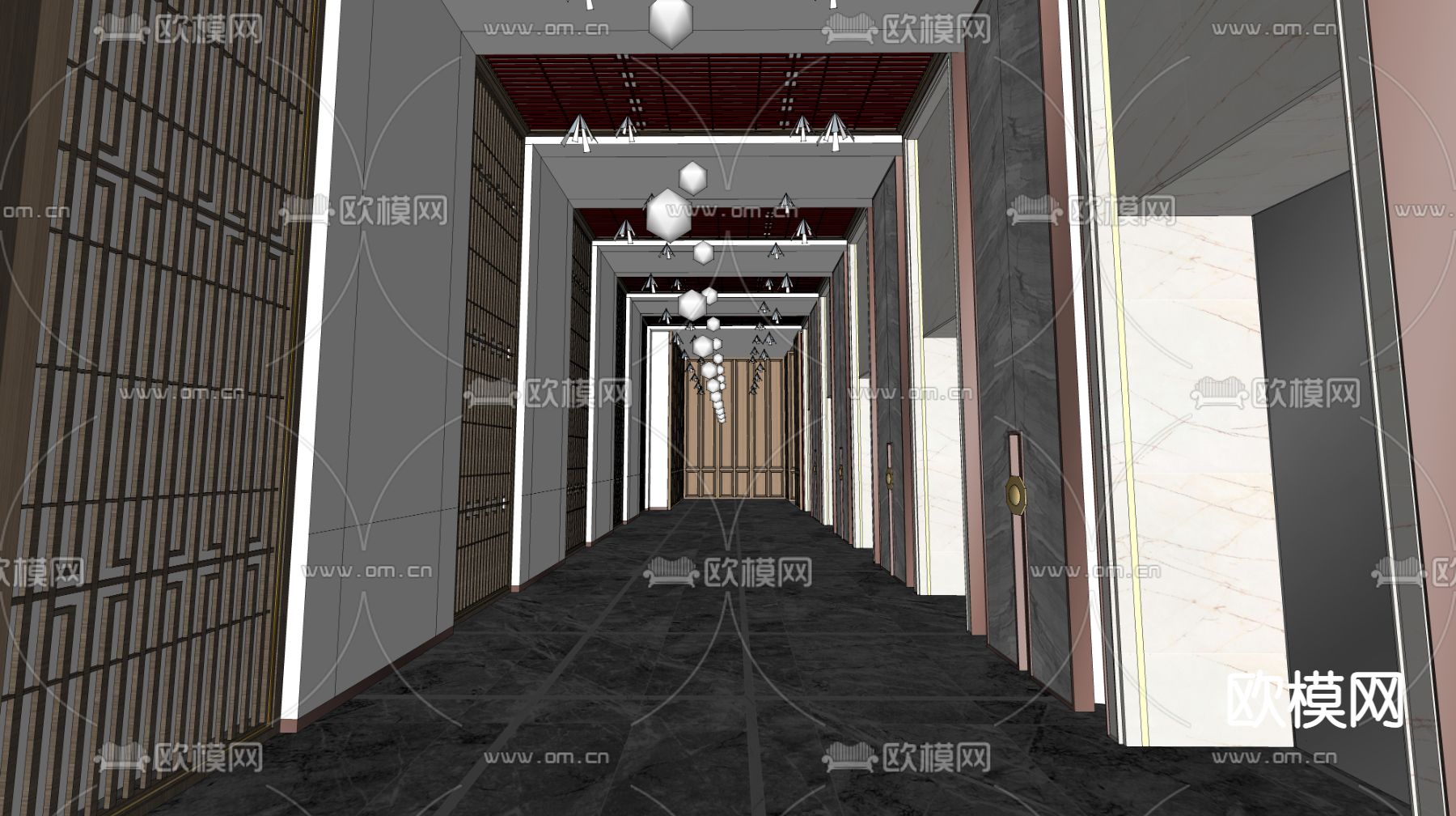 新中式电梯厅 过道su模型下载（渲染图2）