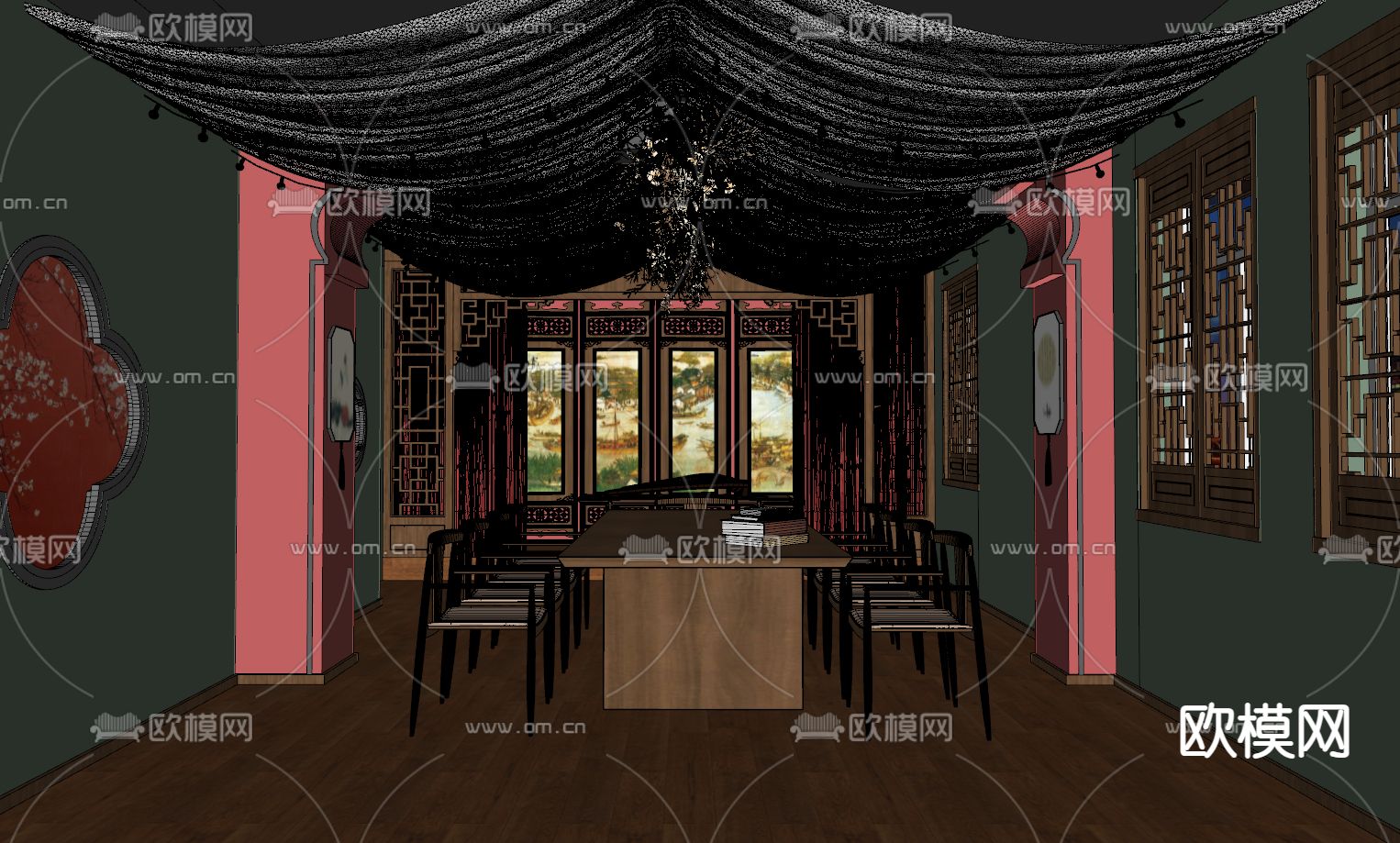 新中式剧本杀 桌游室su模型下载（渲染图2）