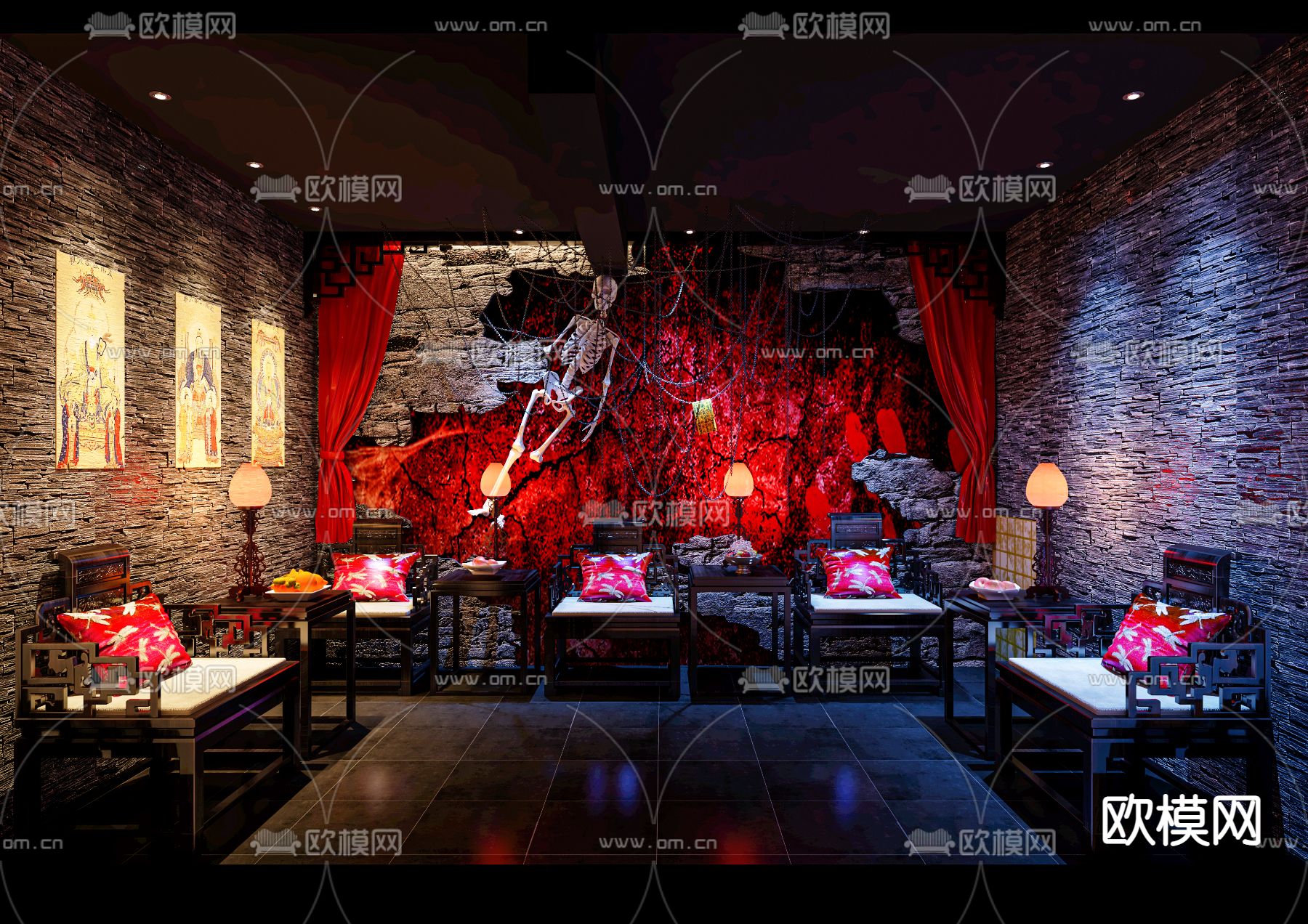 中式剧本杀 桌游室su模型下载（渲染图1）