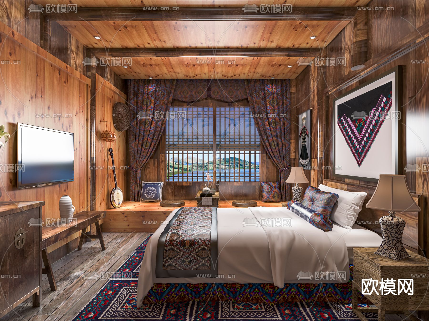 自然风民宿客房su模型下载（渲染图1）