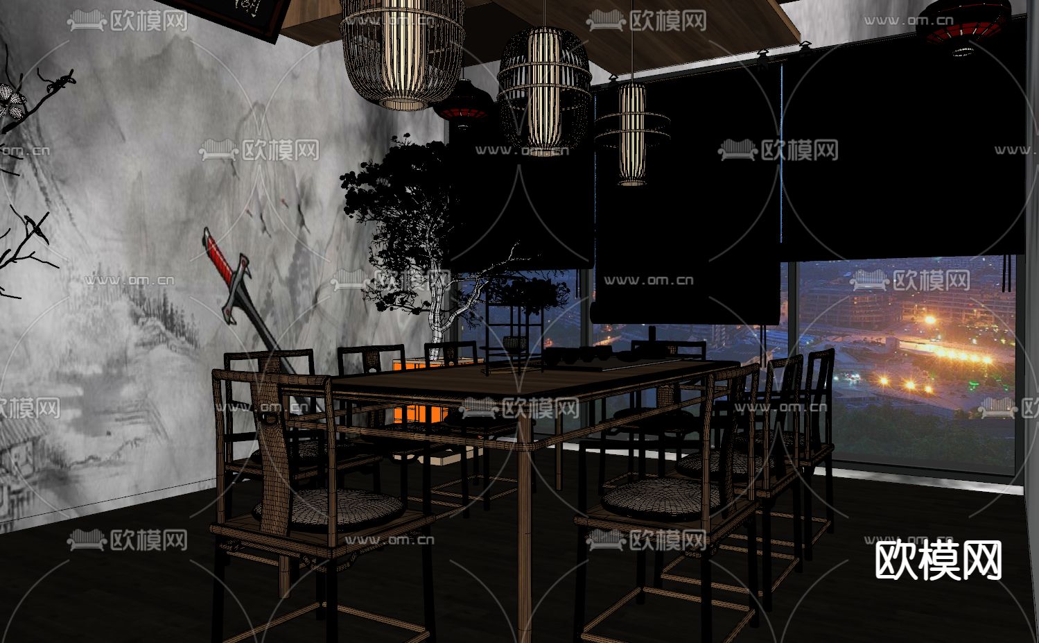 新中式剧本杀 桌游室su模型下载（渲染图2）