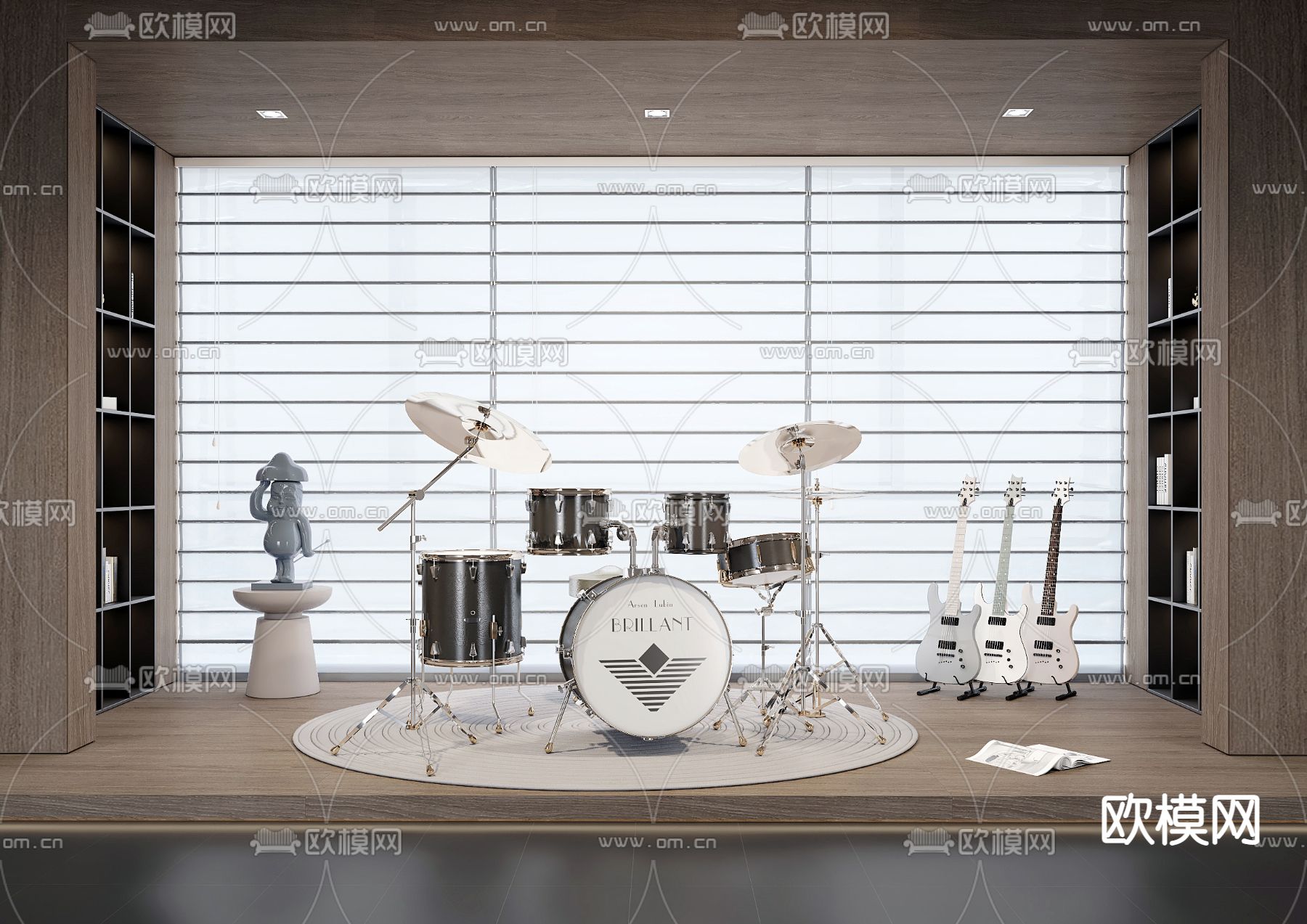 现代乐室 架子鼓 吉他su模型下载（渲染图1）