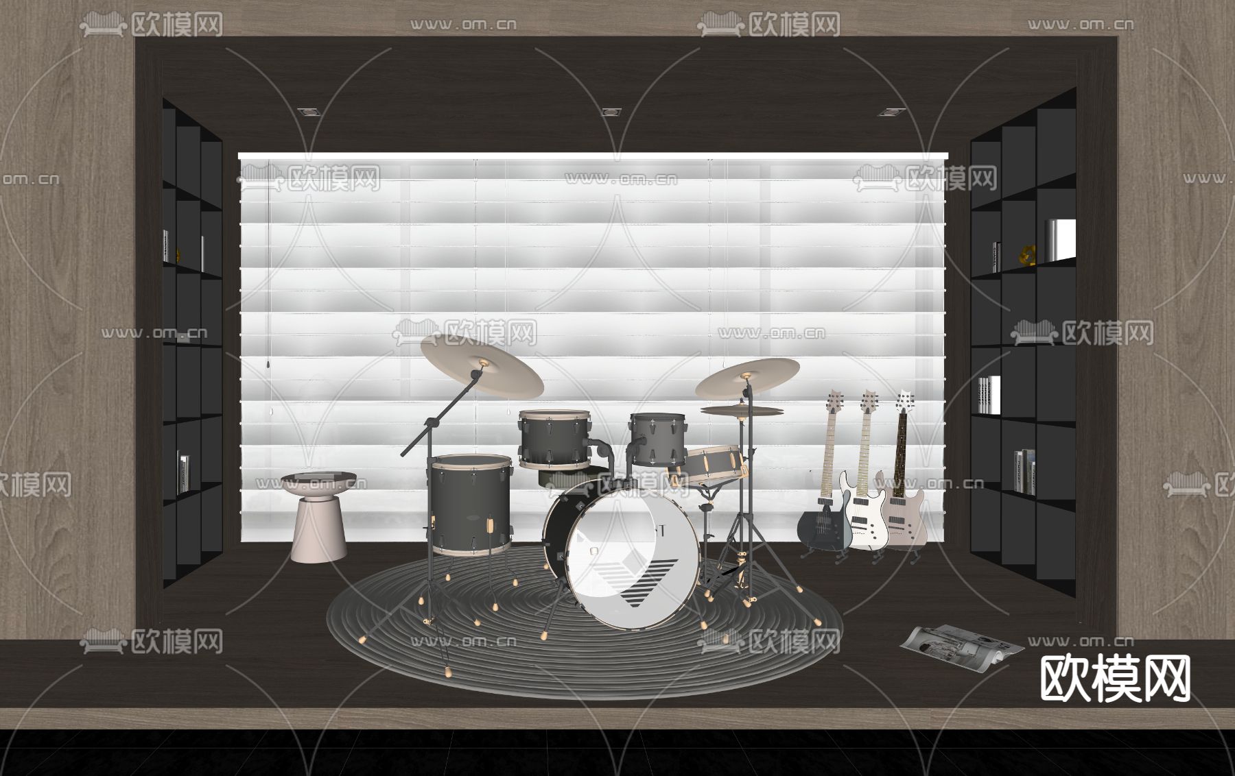 现代乐室 架子鼓 吉他su模型下载（渲染图2）