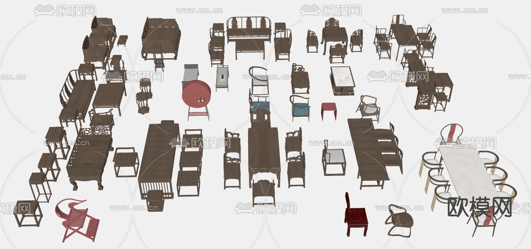 中式组合沙发 餐桌椅 茶桌su模型下载（渲染图2）