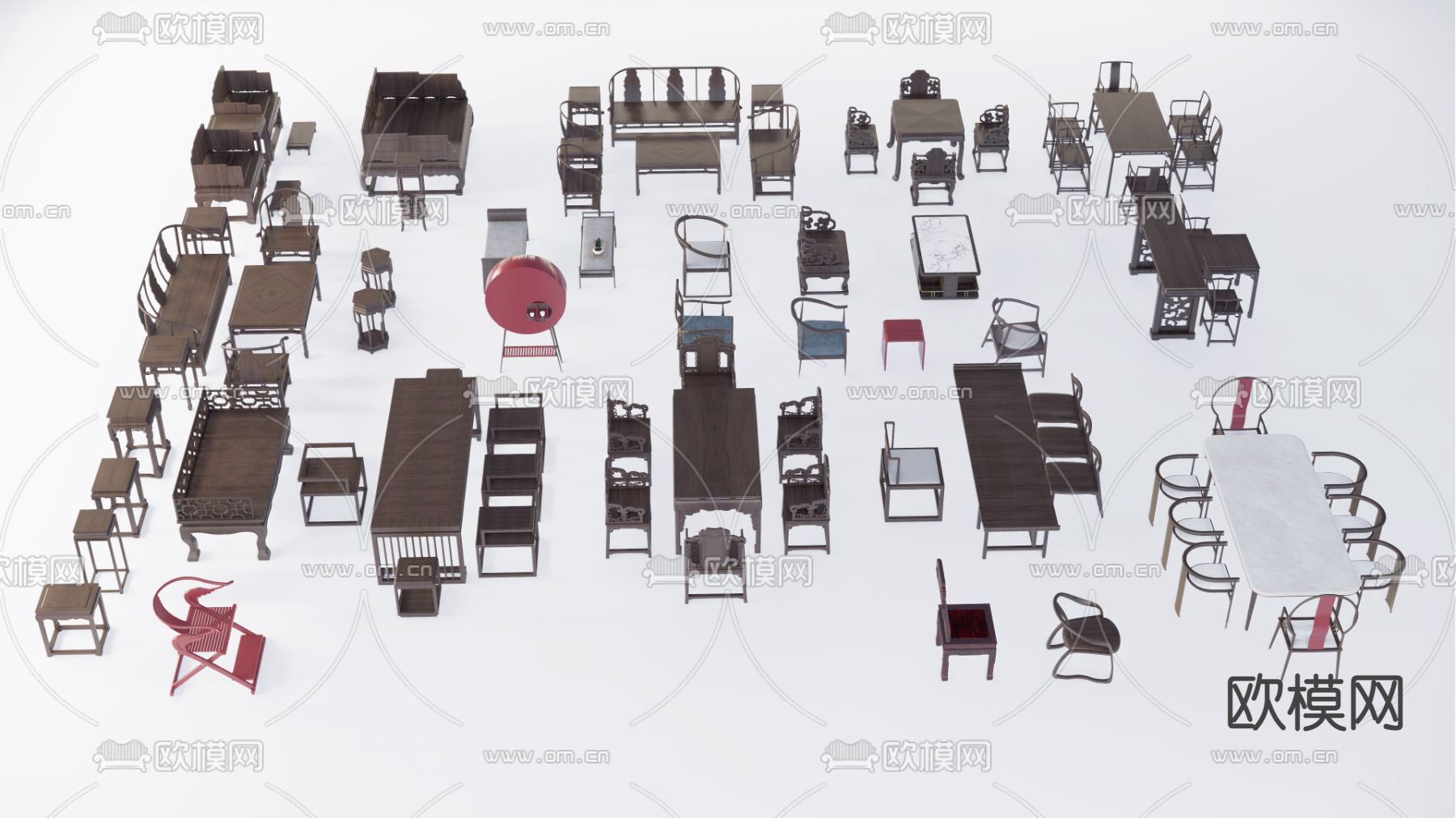 中式组合沙发 餐桌椅 茶桌su模型下载（渲染图1）