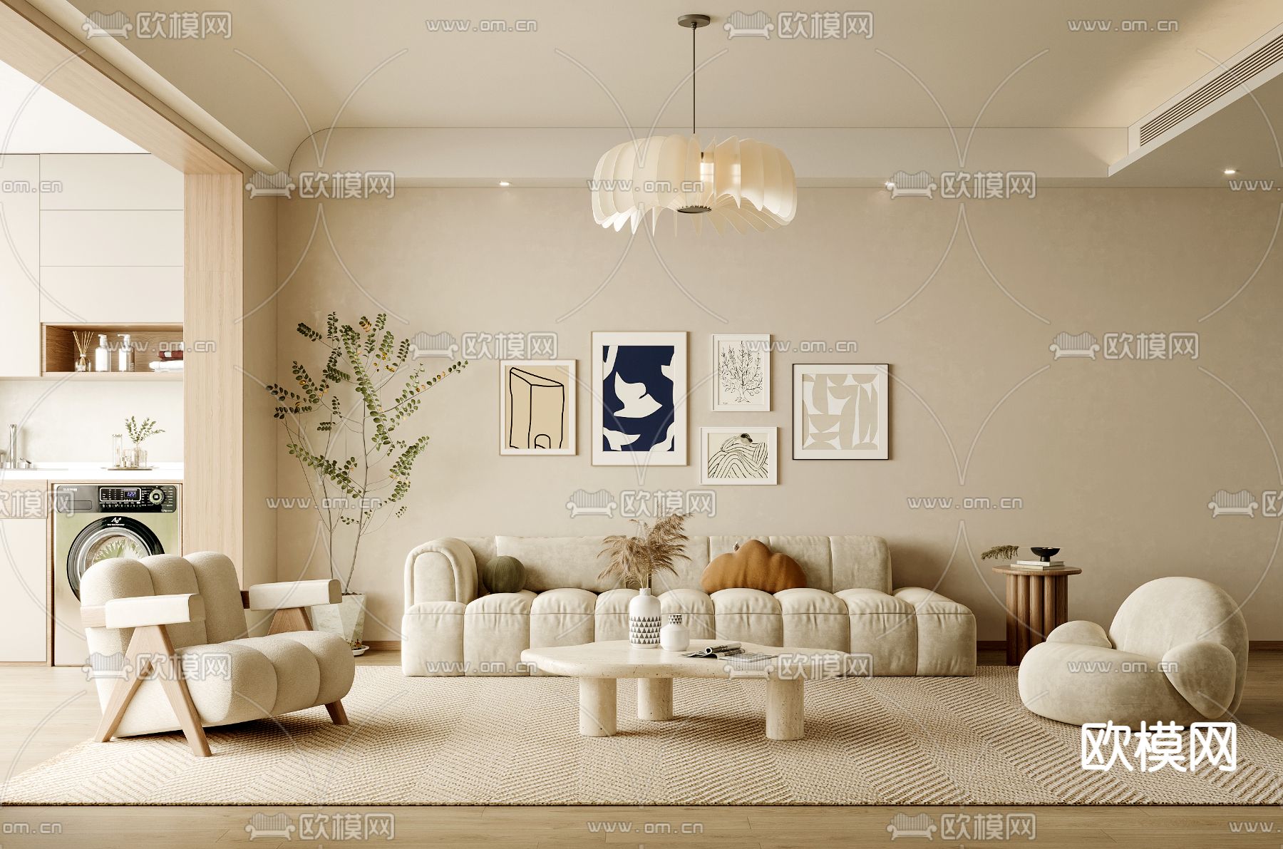 奶油风客厅su模型下载（渲染图1）