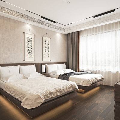  新中式民宿客房 双床房su模型 