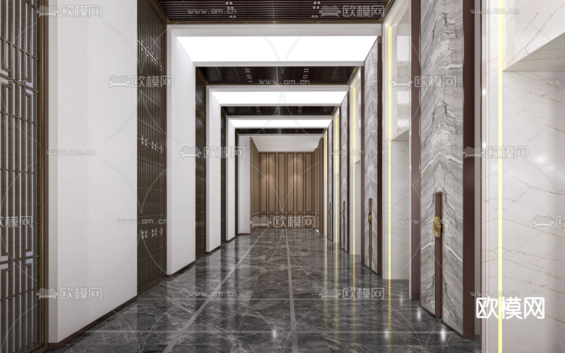 新中式电梯厅 过道su模型下载（渲染图1）