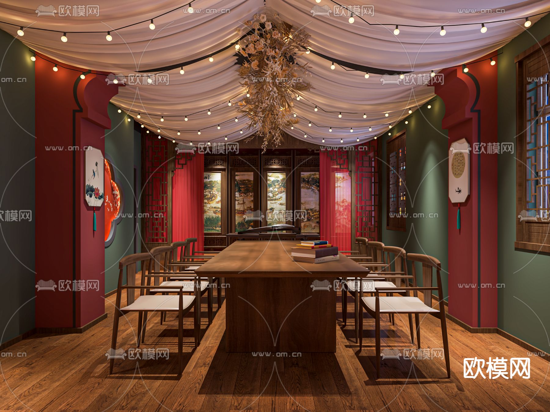 新中式剧本杀 桌游室su模型下载（渲染图1）