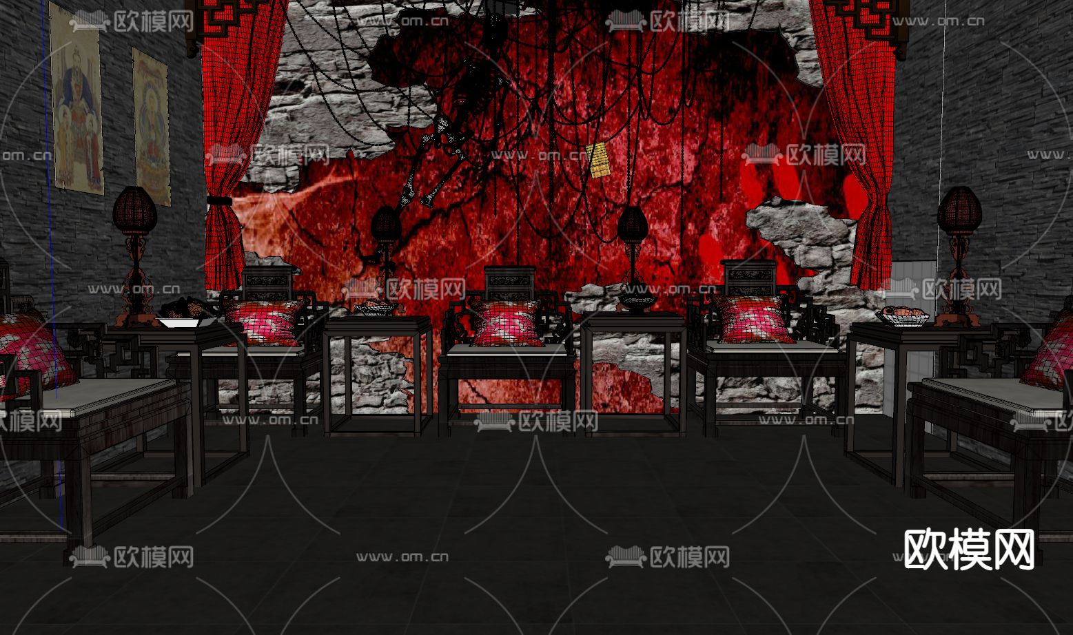 中式剧本杀 桌游室su模型下载（渲染图2）