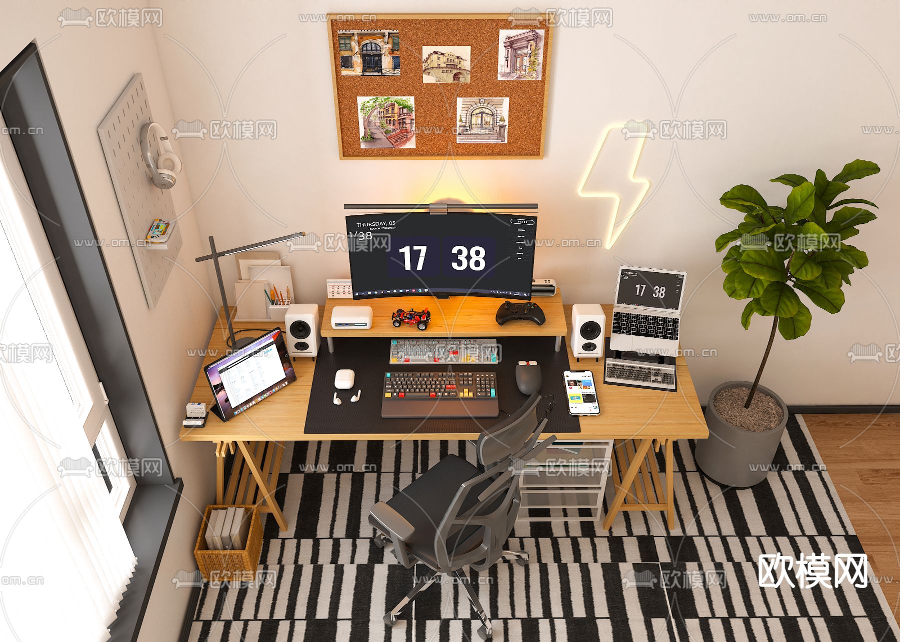 现代书桌椅su模型下载（渲染图1）