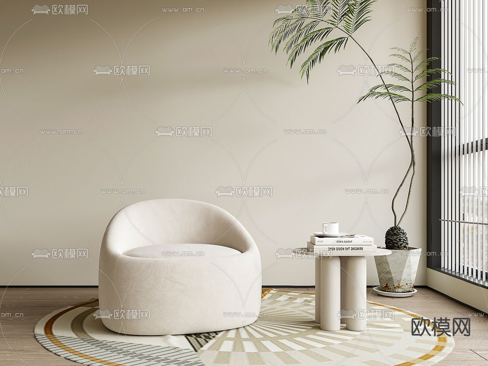 奶油风休闲沙发su模型下载（渲染图1）