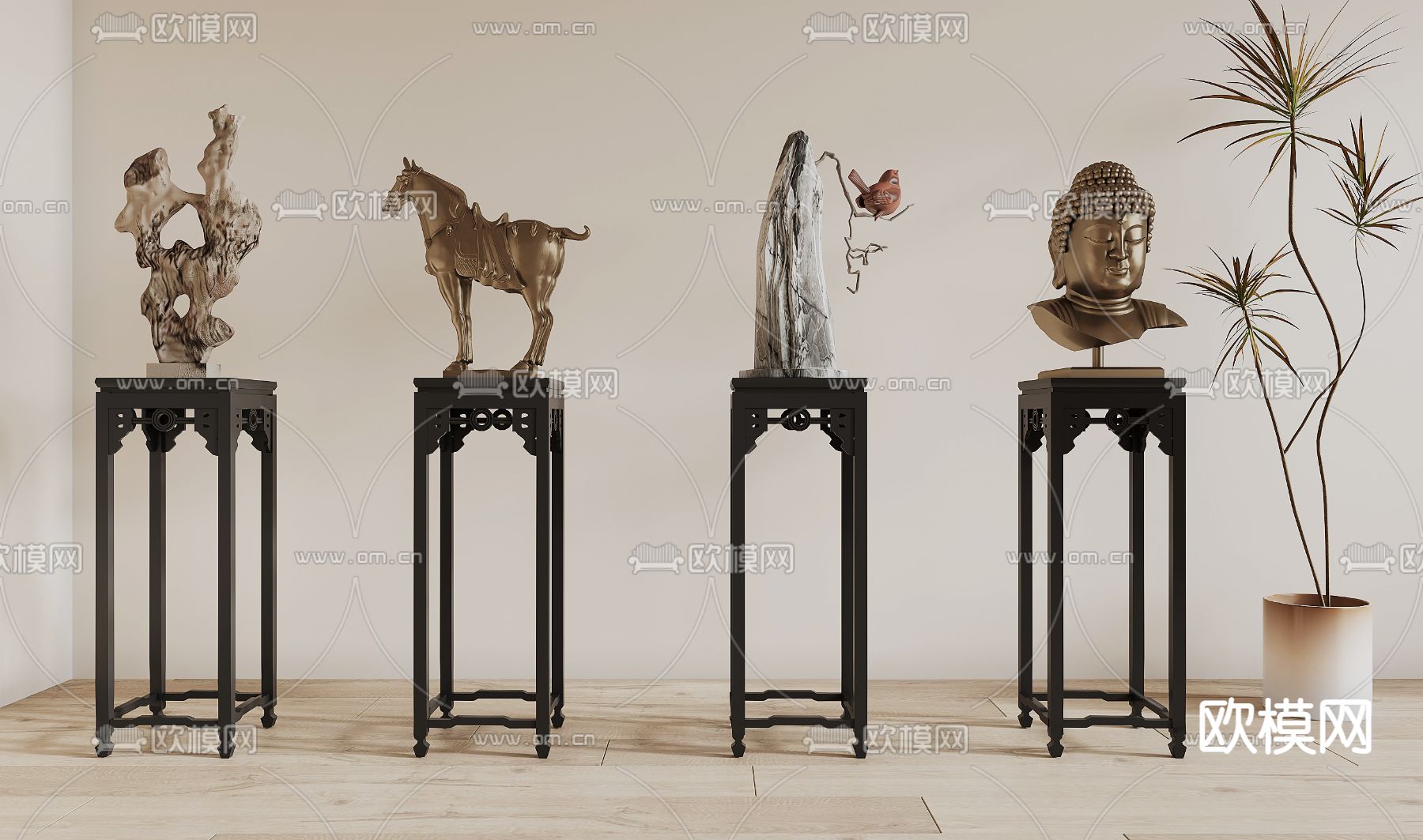 新中式雕塑 摆件su模型下载（渲染图1）