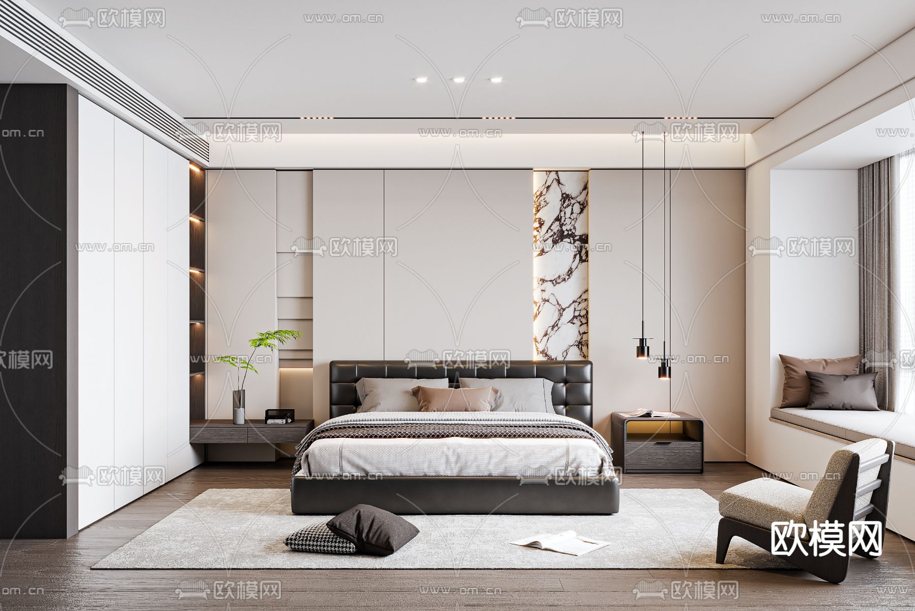 奶油风卧室 主人房3d模型下载（渲染图1）