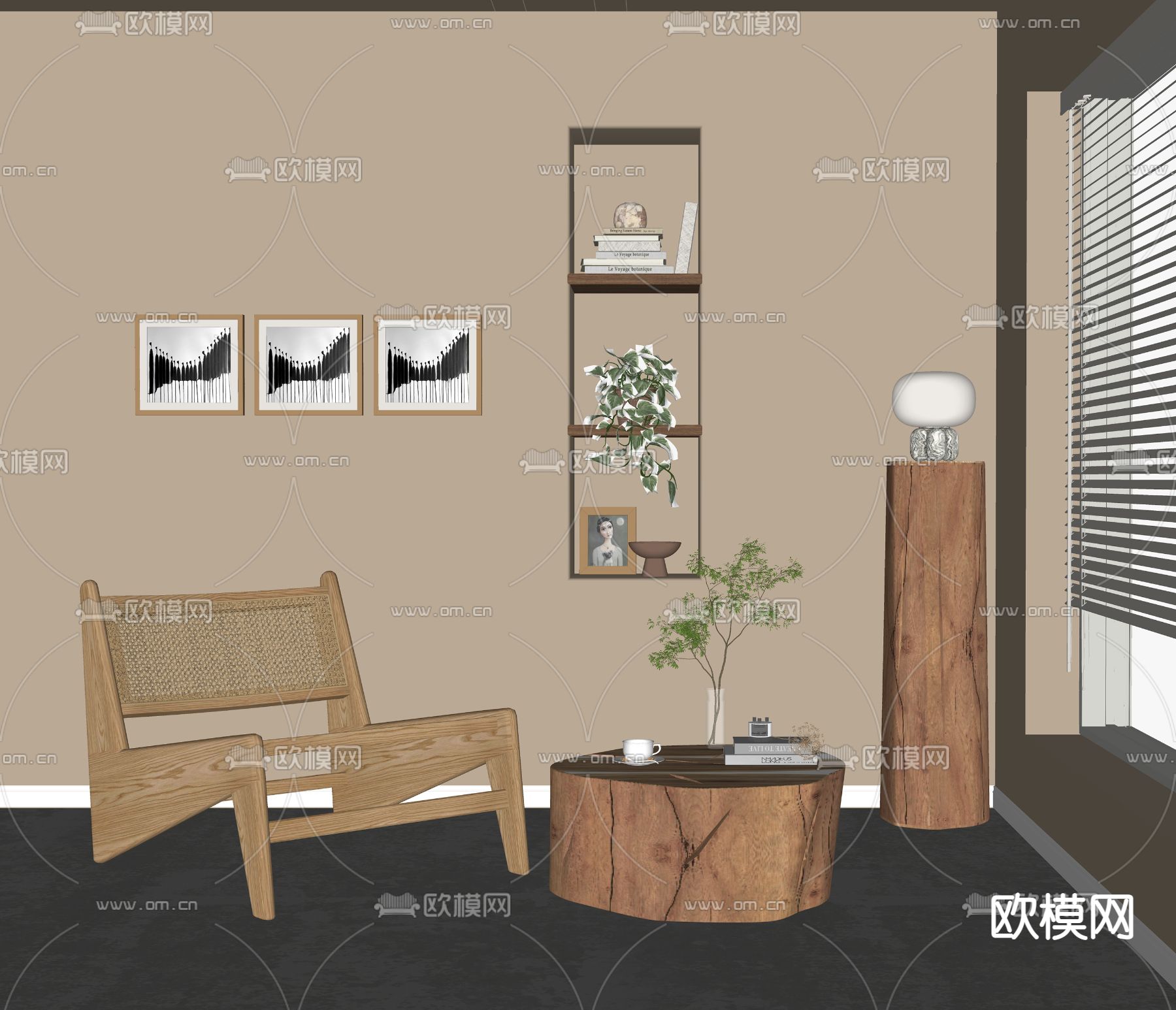 侘寂风原木休闲椅su模型下载（渲染图3）