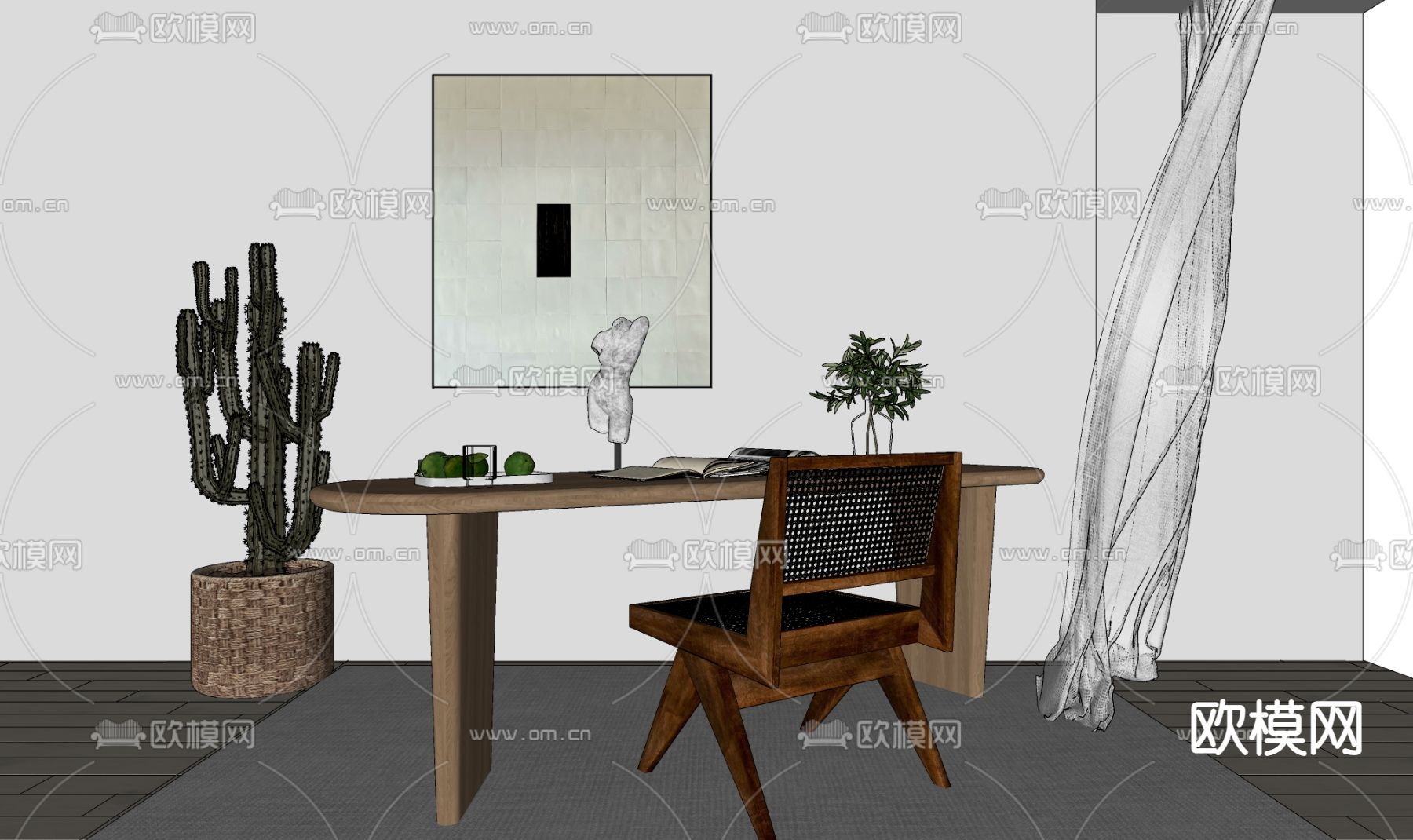 侘寂原木书桌椅su模型下载（渲染图2）