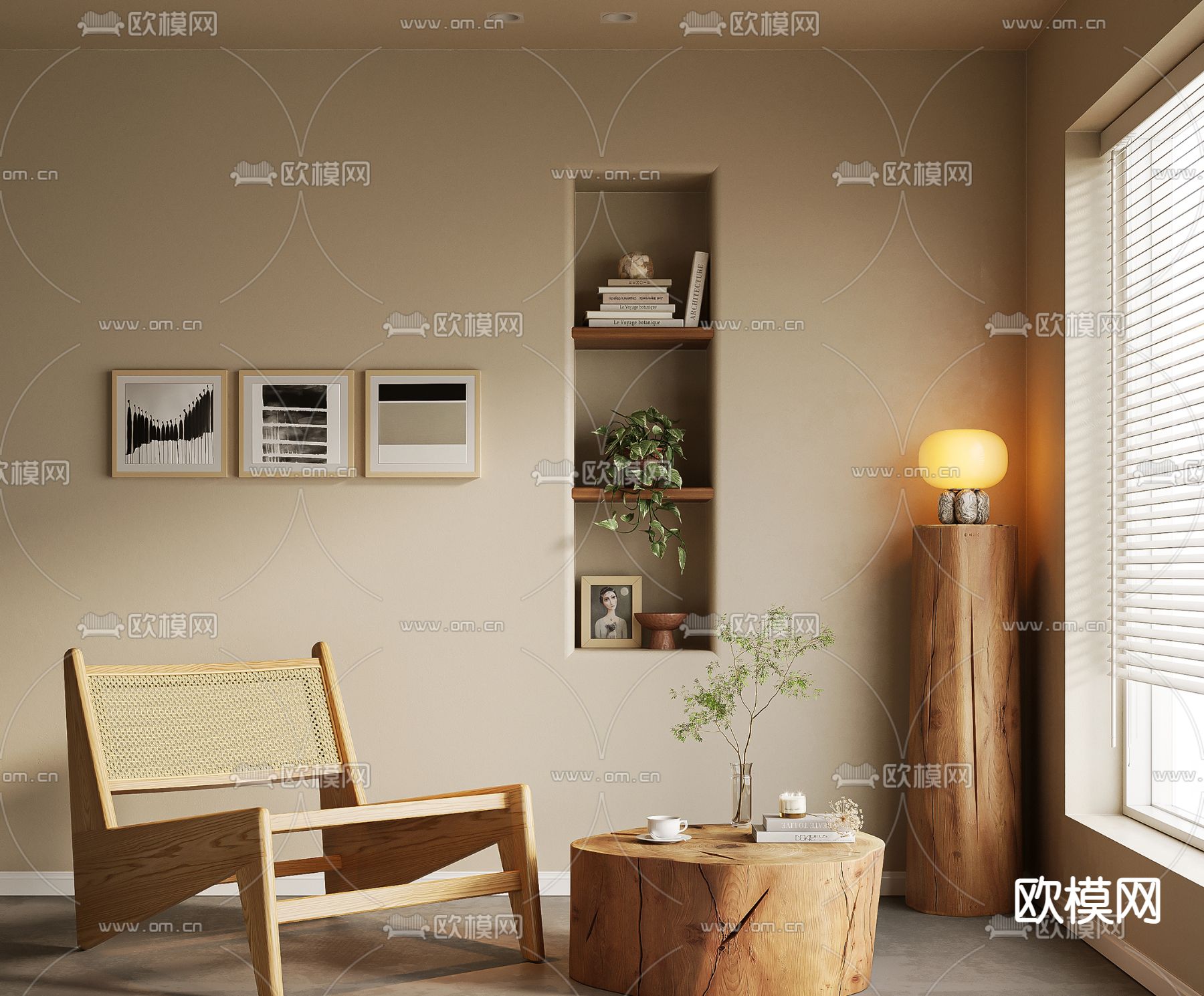 侘寂风原木休闲椅su模型下载（渲染图1）