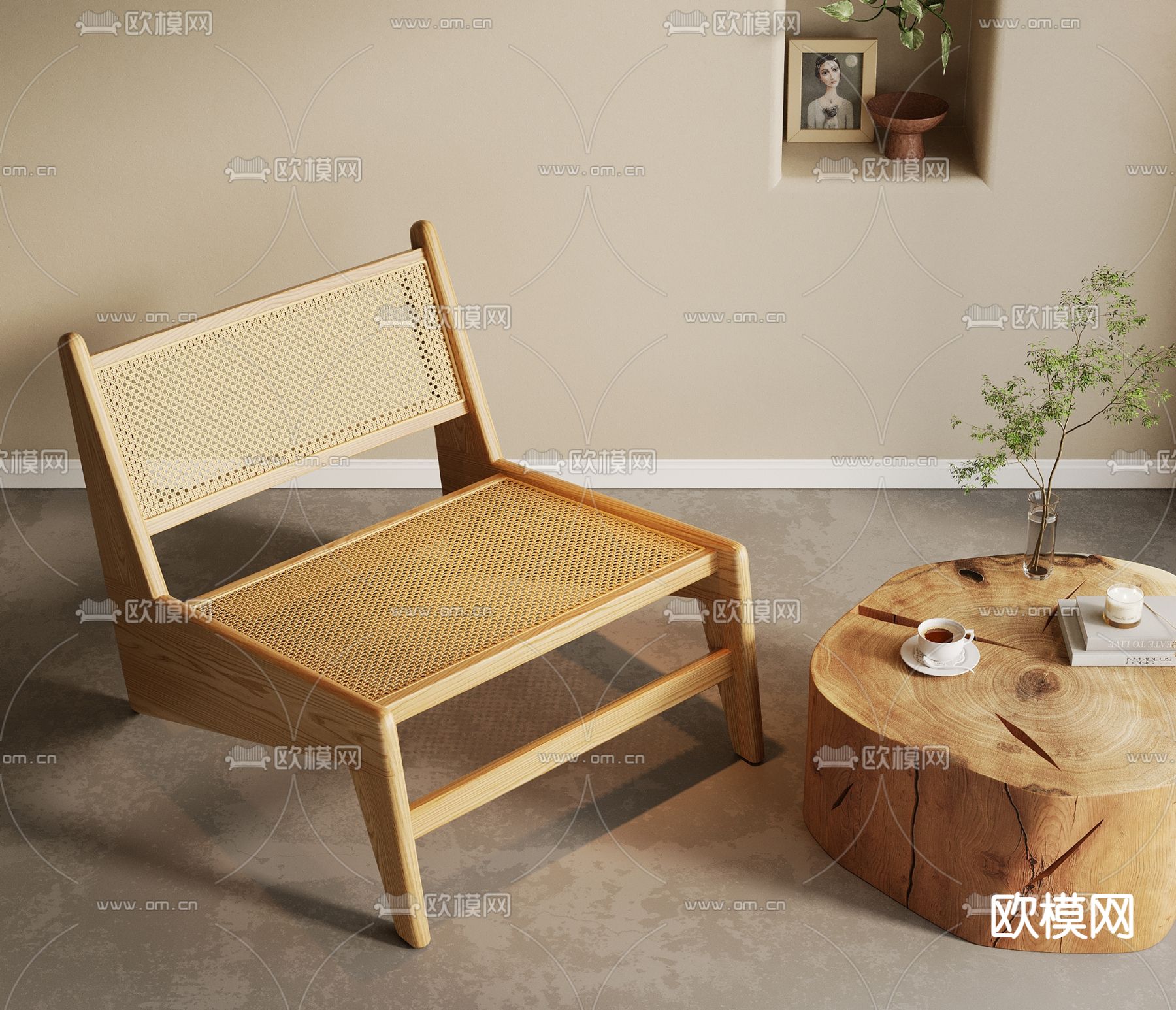 侘寂风原木休闲椅su模型下载（渲染图2）