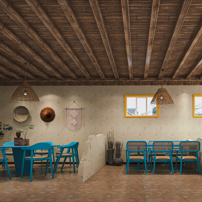  侘寂风民宿餐厅su模型 