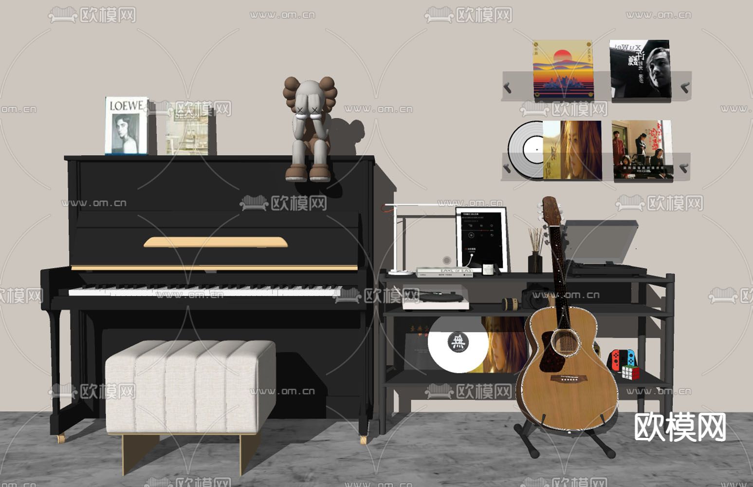 钢琴 吉他 唱片 乐器su模型下载（渲染图2）