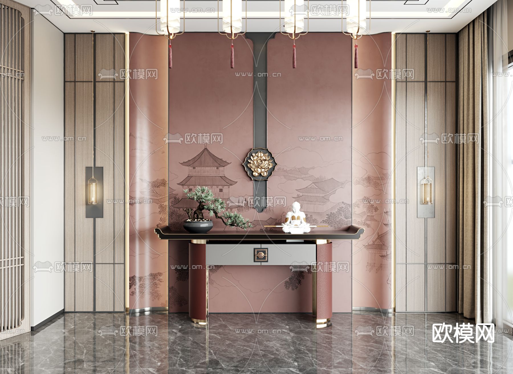 新中式端景台 条案3d模型下载