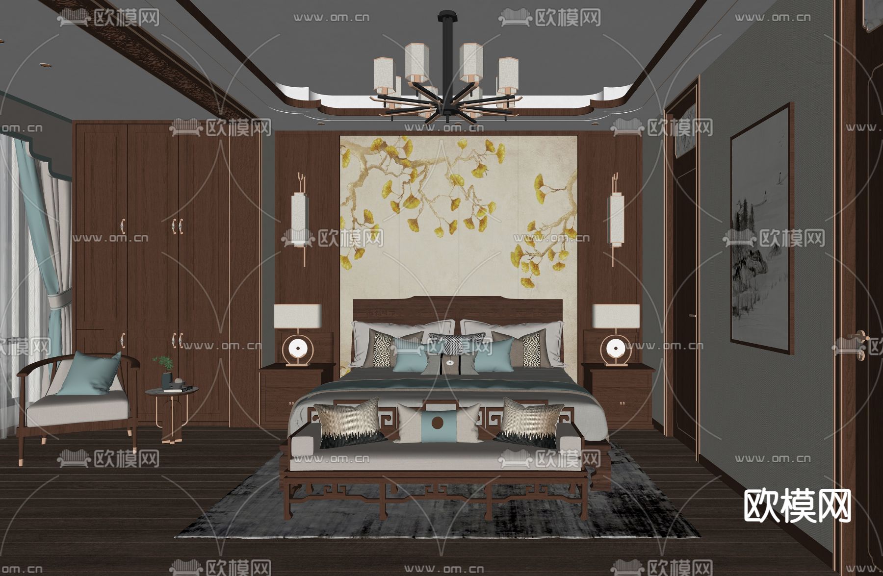 新中式卧室su模型下载（渲染图2）