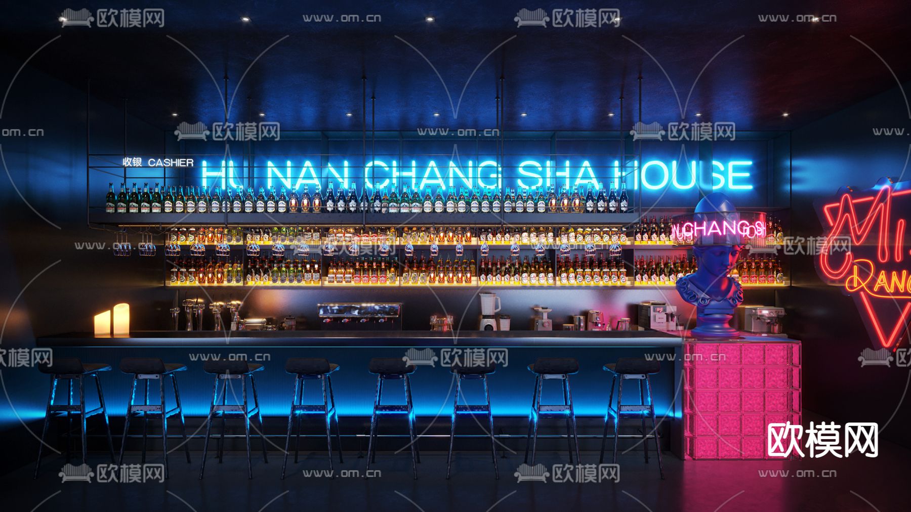 现代酒吧台su模型下载（渲染图1）