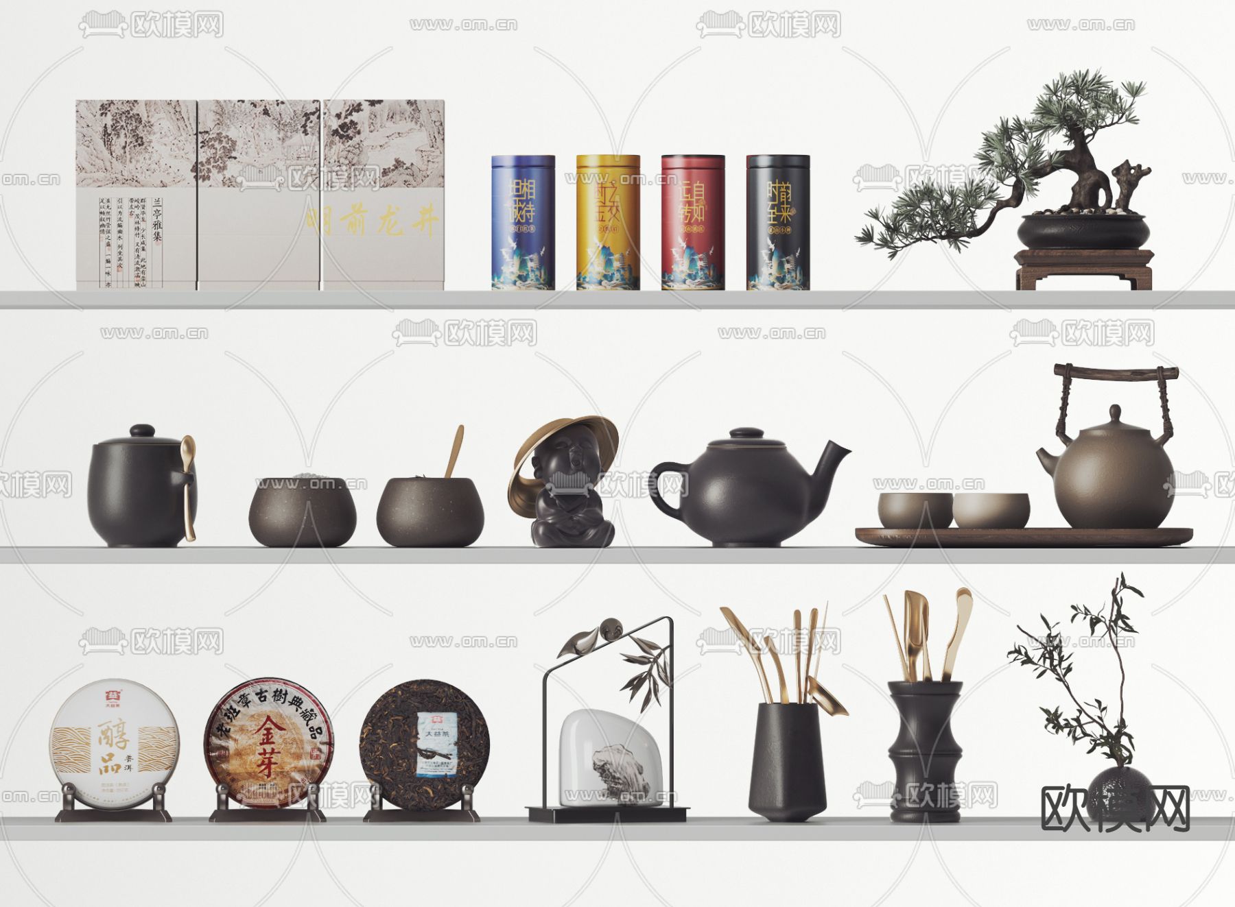 新中式茶具 茶壶 茶叶 茶饼3d模型下载_ID14029354_3dmax免费模型-欧模网