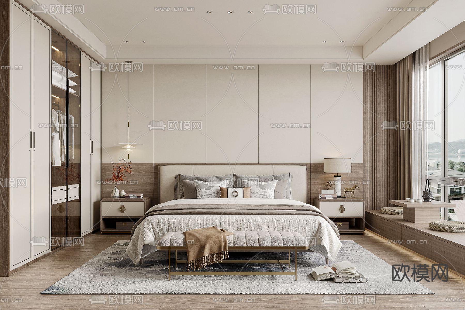 新中式卧室su模型下载（渲染图1）