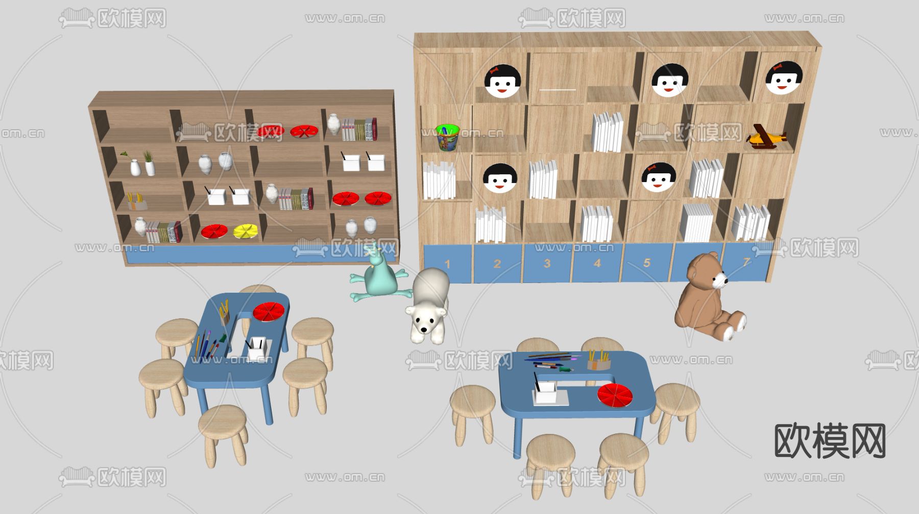 现代儿童柜儿童桌椅su模型下载（渲染图2）