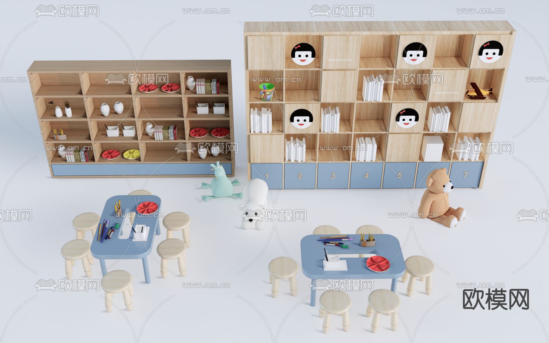 现代儿童柜儿童桌椅su模型下载（渲染图1）