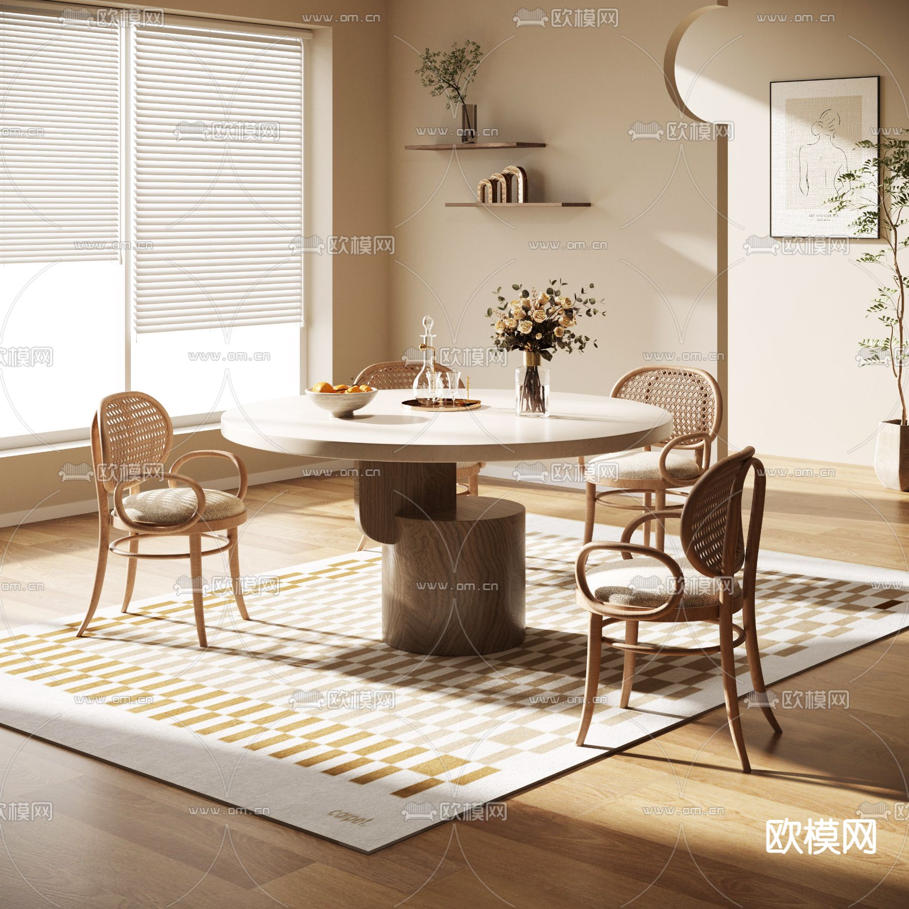 奶油风餐桌椅3d模型下载