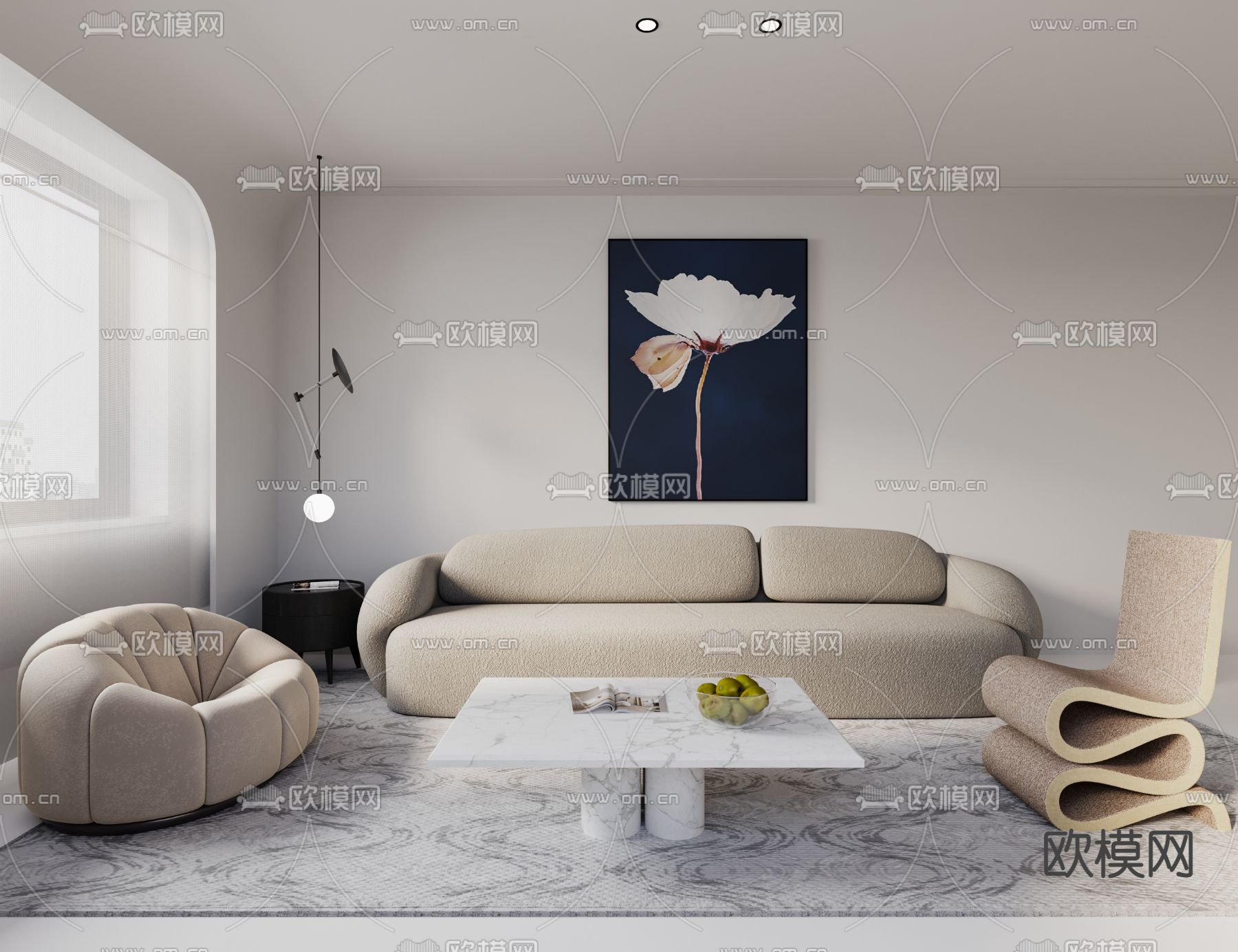 奶油风沙发组合su模型下载（渲染图1）