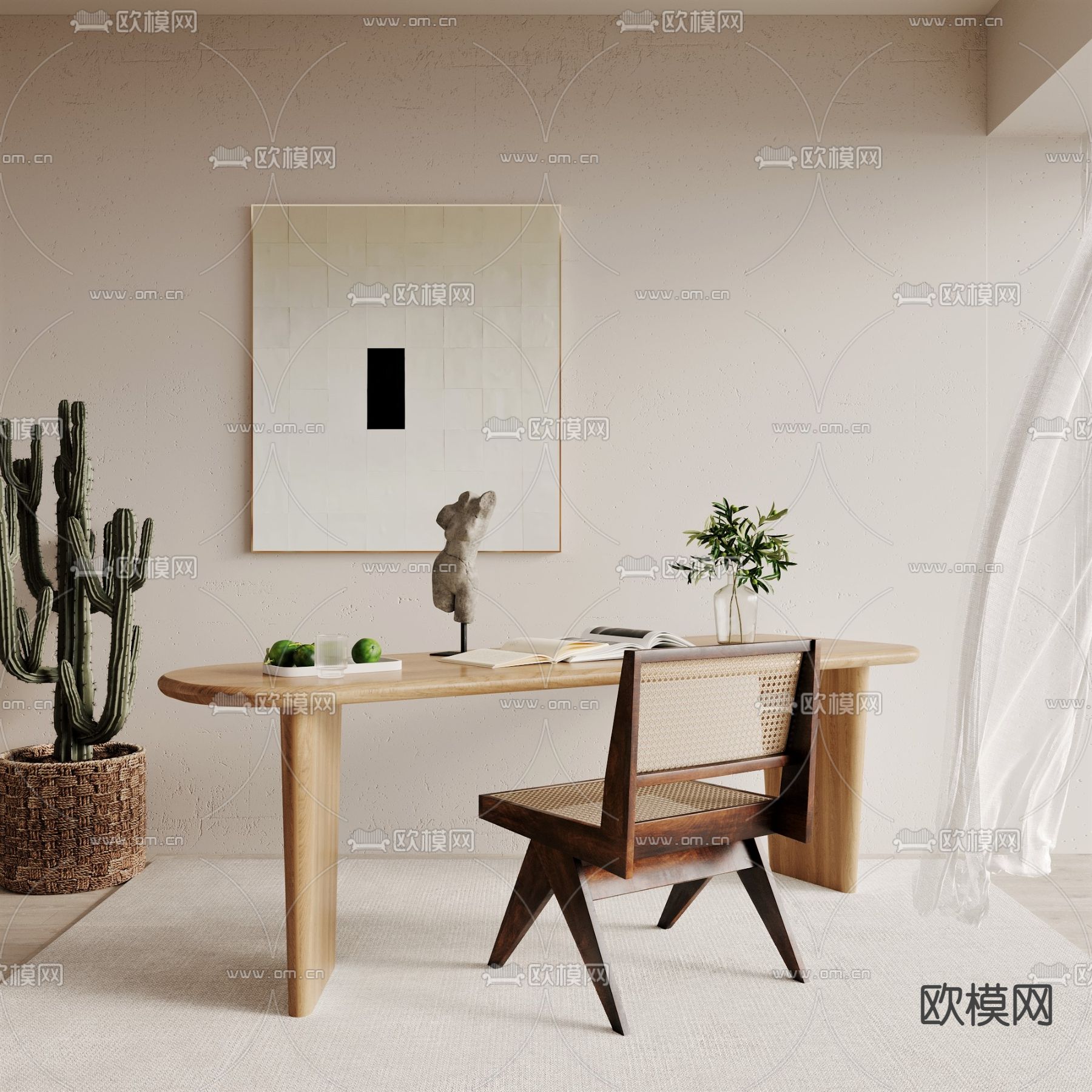 侘寂原木书桌椅su模型下载（渲染图1）