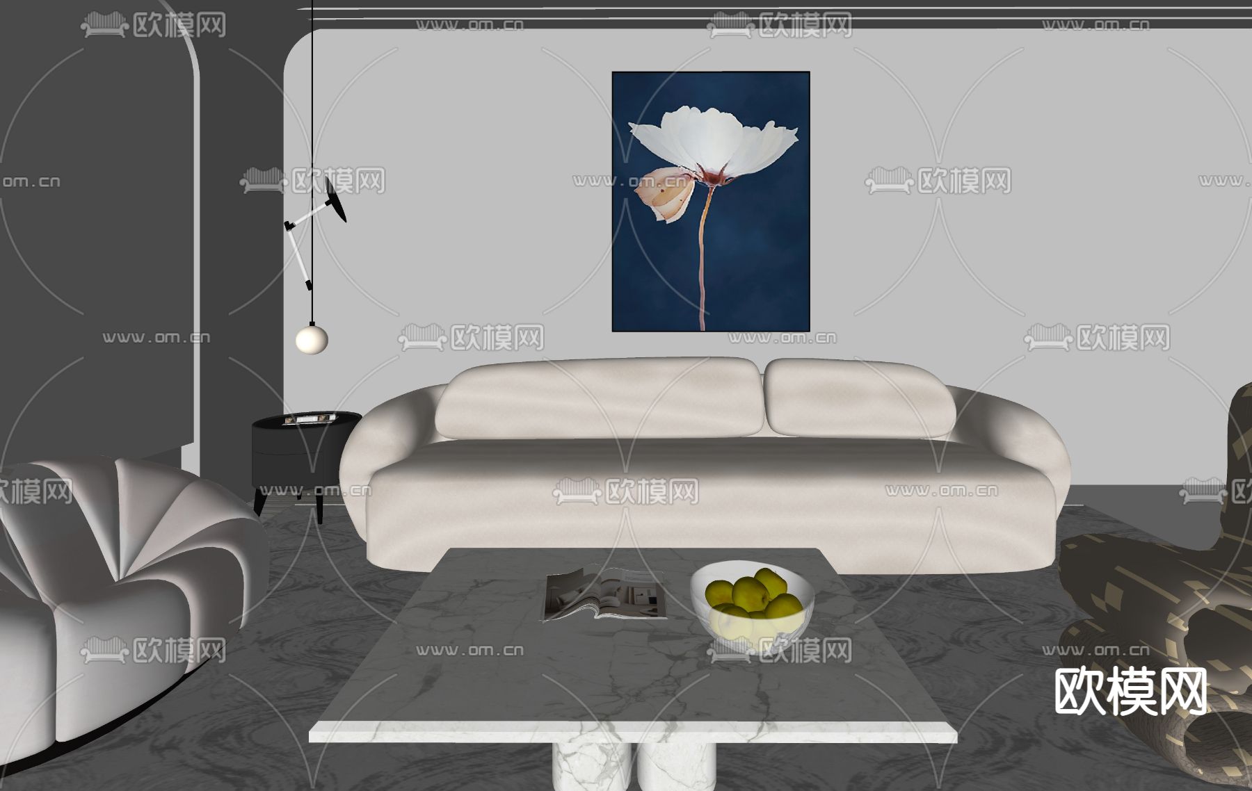 奶油风沙发组合su模型下载（渲染图2）