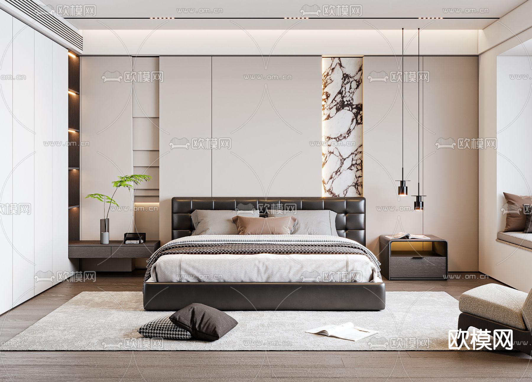 奶油风卧室 主人房3d模型下载（渲染图2）