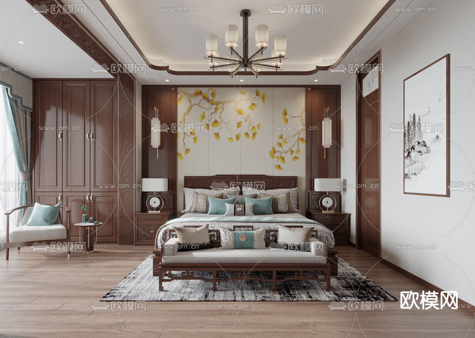 新中式卧室su模型下载（渲染图1）