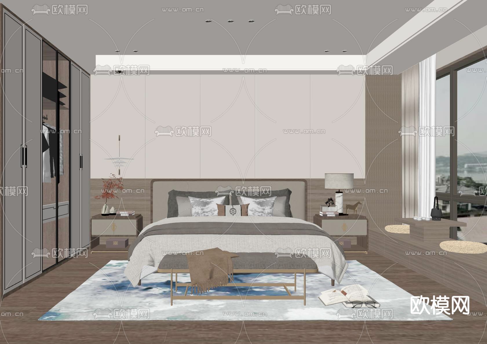 新中式卧室su模型下载（渲染图2）