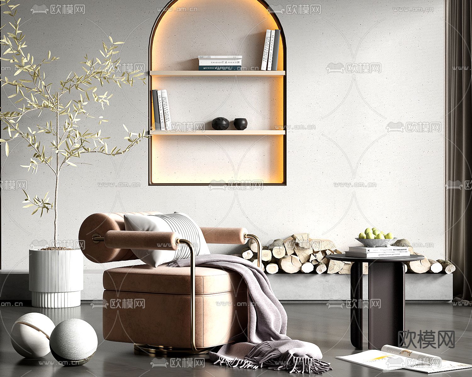 轻奢单人沙发 角几su模型下载（渲染图1）