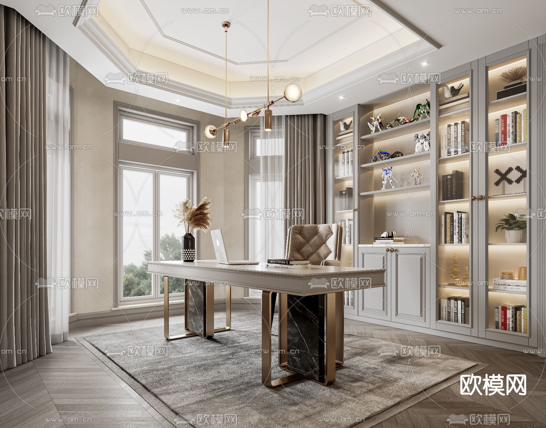 简欧书房3d模型下载（渲染图1）