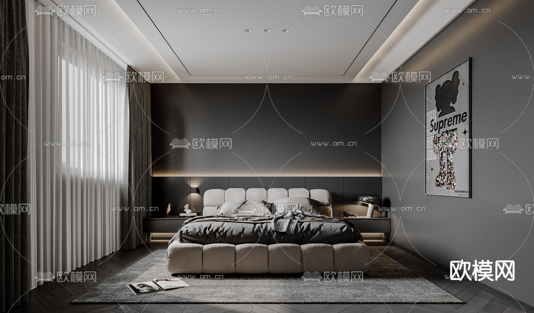 暗黑风卧室 次卧3d模型下载（渲染图1）