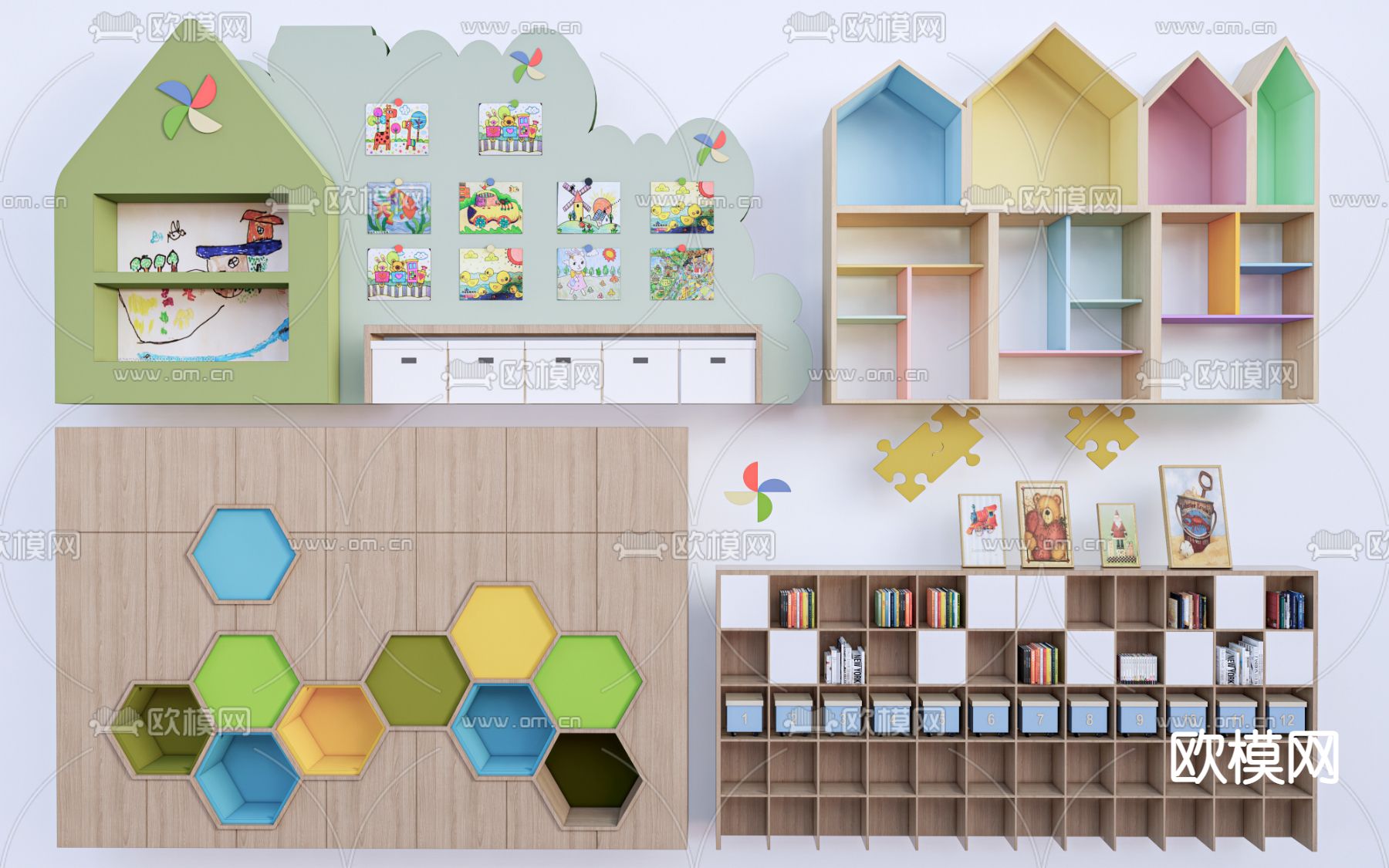 现代儿童书柜 装饰墙 背景墙su模型下载（渲染图1）