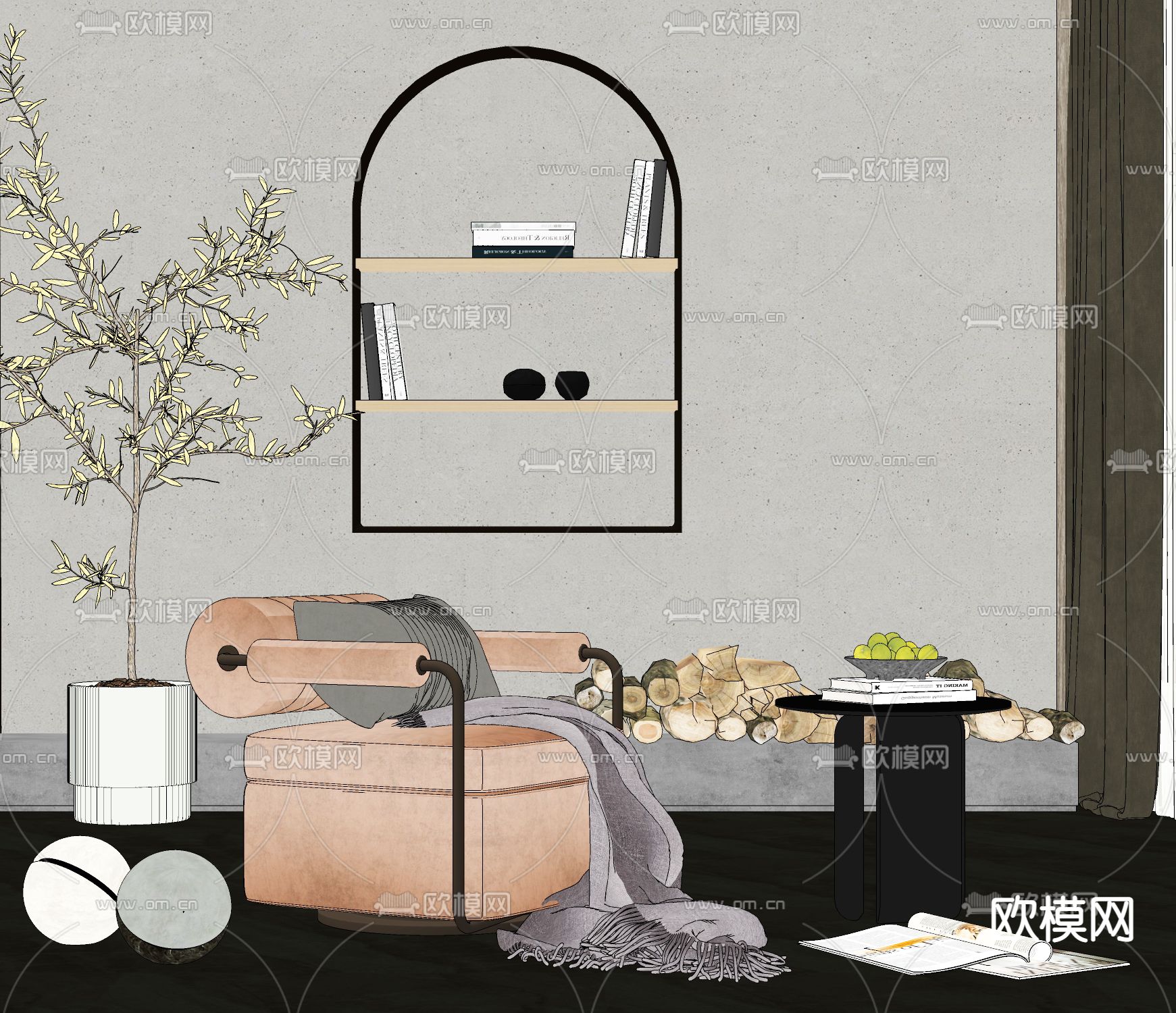 轻奢单人沙发 角几su模型下载（渲染图2）